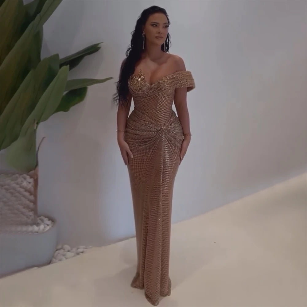 Now or Never Serene Hill Customized 2025 Rose Gold Saudi Arabic Beaded High Split Evening Dresses Gowns for Formal Occasion LA72807
