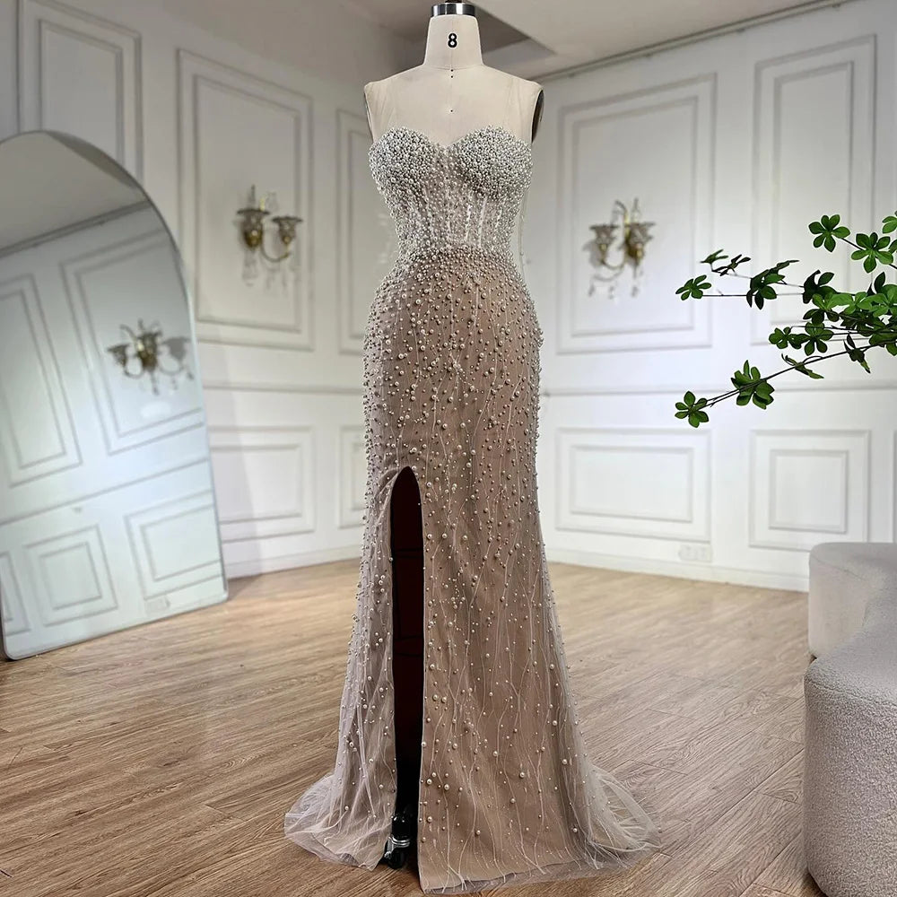 Price Break Serene Hill 2024 Arabic White Nude Mermaid Gown Pearls Beading High Split Luxury Dubai Evening Dress for Women's Party LA72544