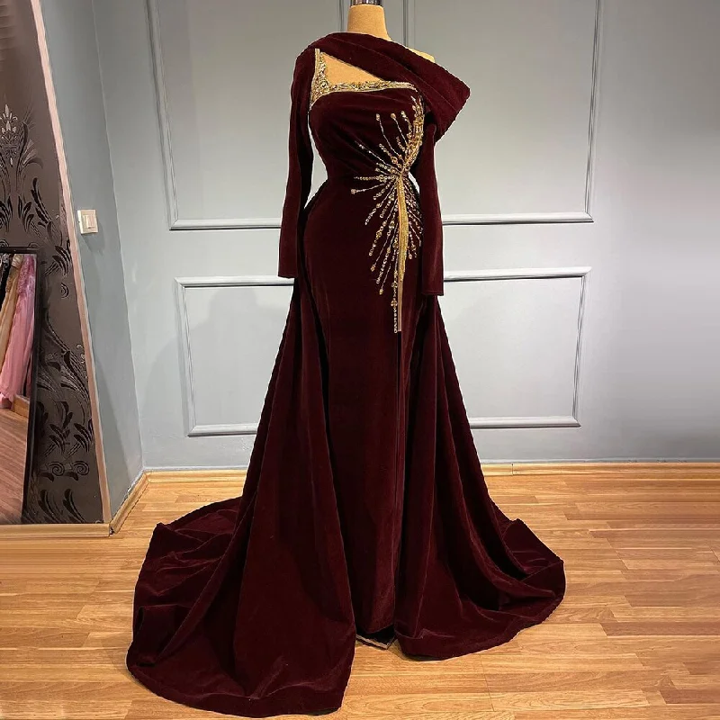 Savings Bonanza Serene Hill Wine Red Velour Overskirt Evening Dresses Gowns 2024 Mermaid Elegant Luxury For Women Party LA71517