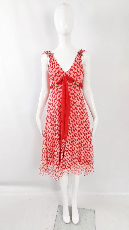 Savings Event Ronit Zilkha Vintage Red & Pink Silk Chiffon Scottie Dog Dress