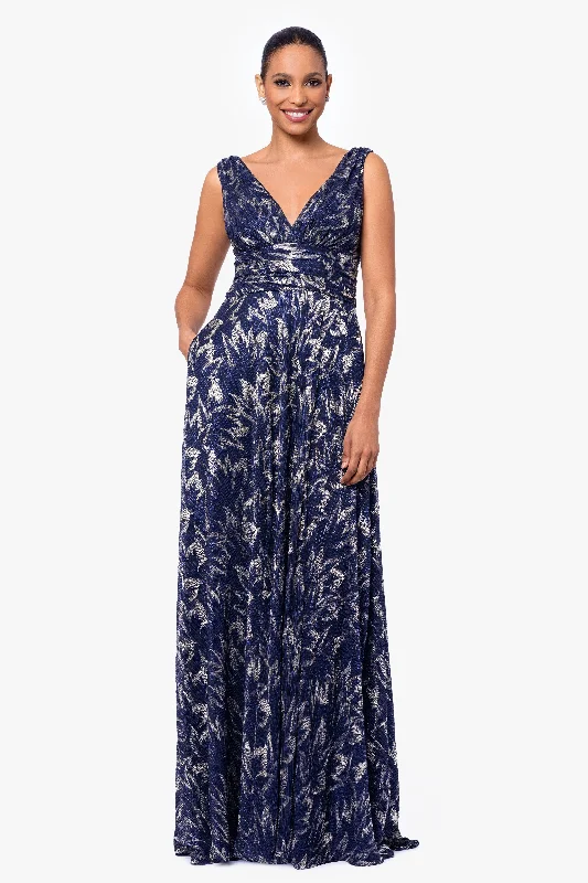 Daily Specials "Charlene" Long Metallic Crinkle V-Neck Floor Length Dress