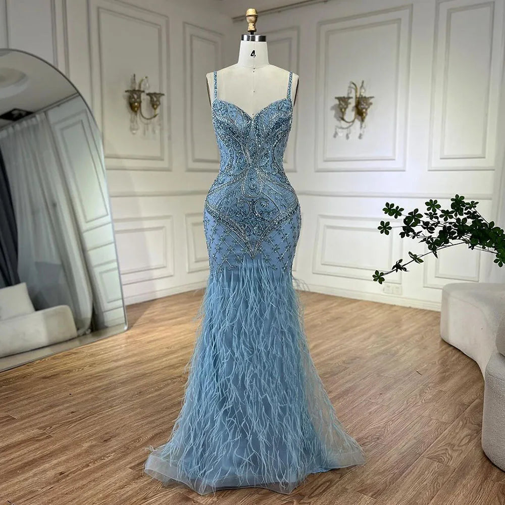 Special Buy Serene Hill Arabic Blue Spaghetti Strap Feathers Beaded Luxury Dubai Evening Dresses Gowns For Women Wedding Party 2024 LA72527 Special Buy Serene Hill Arabic Blue Spaghetti Strap Feathers Beaded Luxury Dubai Evening Dresses Gowns For Women Wedding Party 2024 LA72527