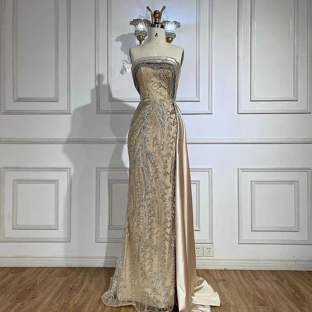Crazy Deals Serene Hill 2024 Arabic Nude Strapless Satin Mermaid Beaded Luxury Dubai Evening Gown with Side Skirt for Women's Party LA72665