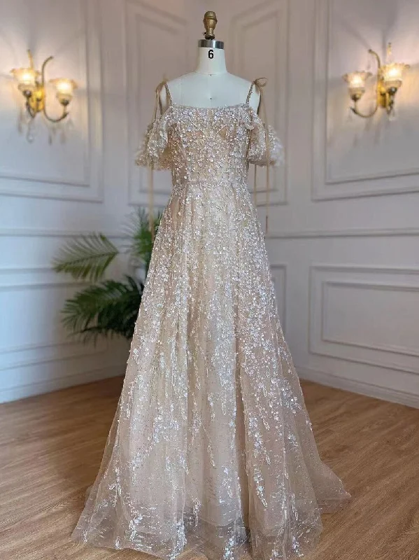 Holiday Sale Serene Hill Arabic A-Line Nude Sexy Spaghetti Straps Lace Up Beaded Dubai Evening Dresses Gowns 2024 For Women Party LA71871