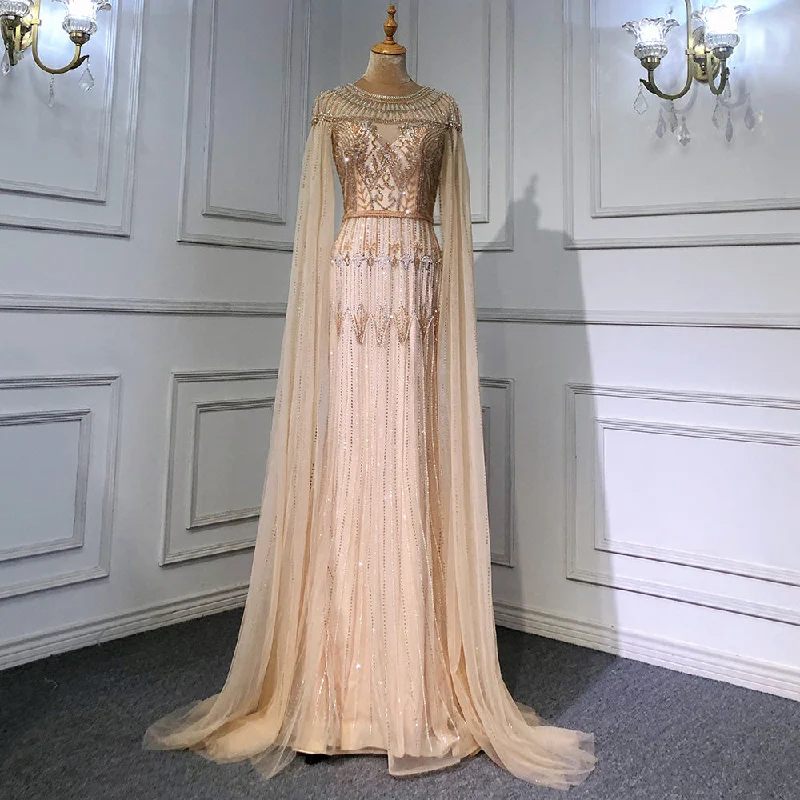Fantastic Deals Gold Luxury Arabic Cape Sleeves Evening Dresses Gowns 2024 Beaded Mermaid For Women Party Serene Hill LA71620
