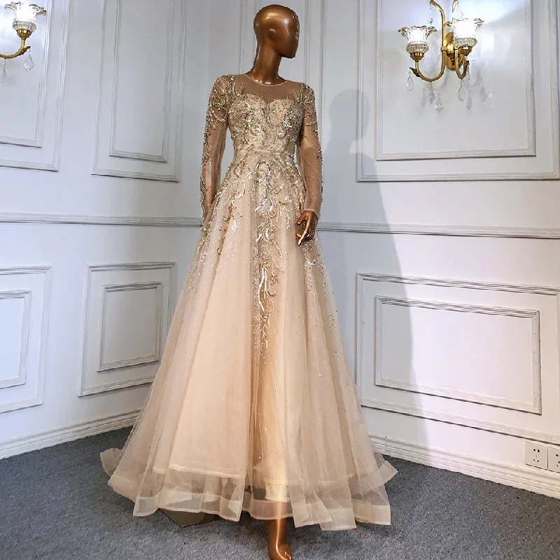 Great Bargains Serene Hill Muslim Luxury Gold Evening Dresses Gowns 2024 Beaded Sparkle A-Line For Women Party  LA71605