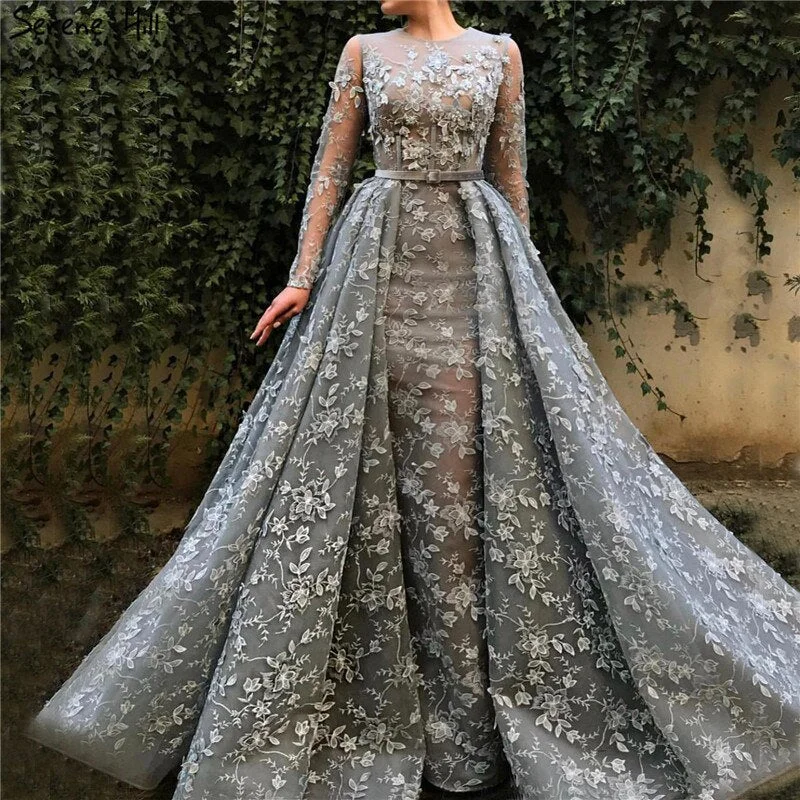 Lowest Price Muslim Grey Long Sleeves Tulle Evening Dresses 2024 O-Neck Handmade Flowers Pearls Fashion Evening Gowns LA60898 Lowest Price Muslim Grey Long Sleeves Tulle Evening Dresses 2024 O-Neck Handmade Flowers Pearls Fashion Evening Gowns LA60898