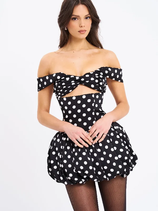 Act Now Umika Black Polka Dots Bubble Hem Mini Dress