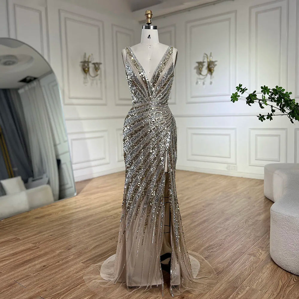 Daily Specials Serene Hill 2024 Gold Mermaid Spaghetti Strap Side Split Beaded Luxury Evening Dresses Gowns for Women Wedding Party LA72613