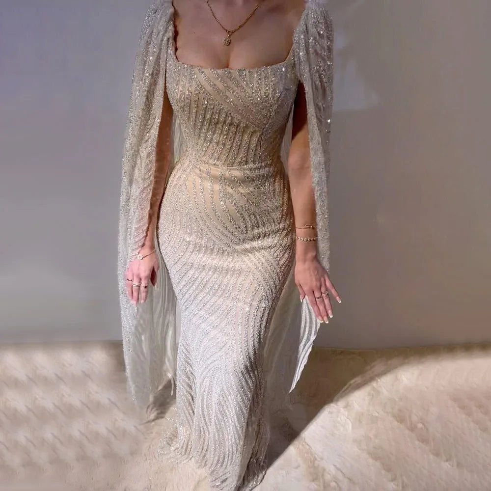 Anniversary Sale Serene Hill 2024 Arabic Nude Mermaid Elegant Cape Sleeves Beaded Luxury Evening Dresses Gowns for Women Wedding Party LA72320