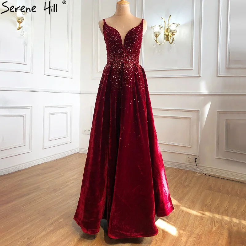 Year-End Clearance On Sale no return no refundSale Serene Hill Wine Red Velvet Luxury Evening Dresses Gowns 2024 A-Line Beading Sexy For Women Party LA70956