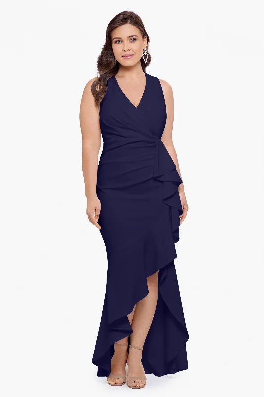 Huge Discounts Plus "Candace" Long V- Neck Hi Low Cascade Dress