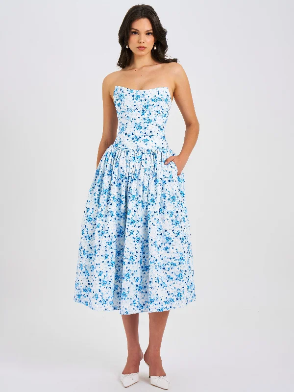 Daily Deals Paloma Blue Print Linen Corset Draping Top Midi Dress