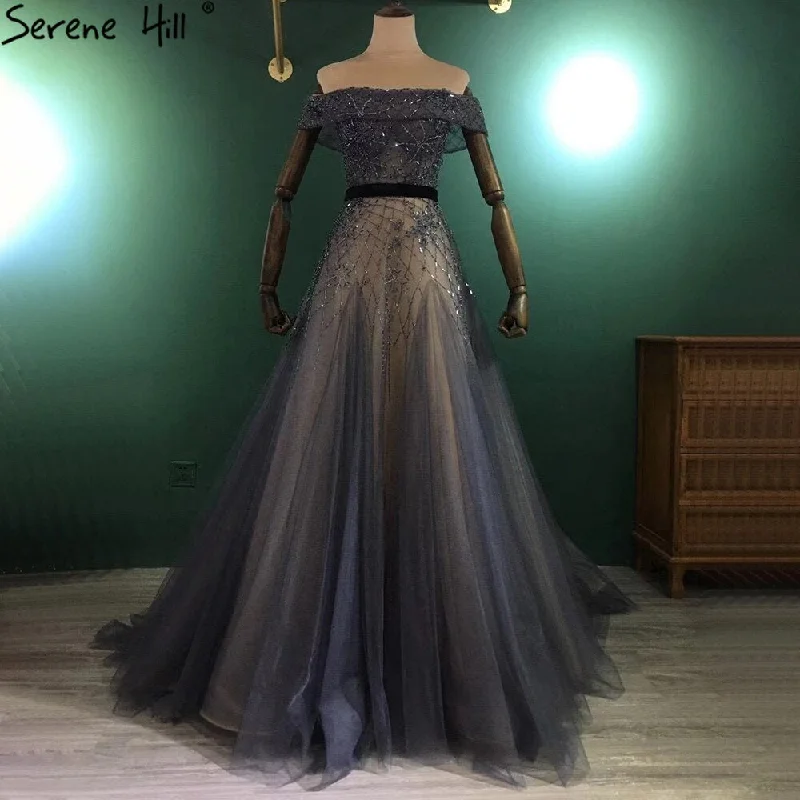 Instant Discount Serene Hill Luxury Blue A-Line Evening Dresses Gowns 2024 Beaded Bling Off Shoulder For Women Party LA71192
