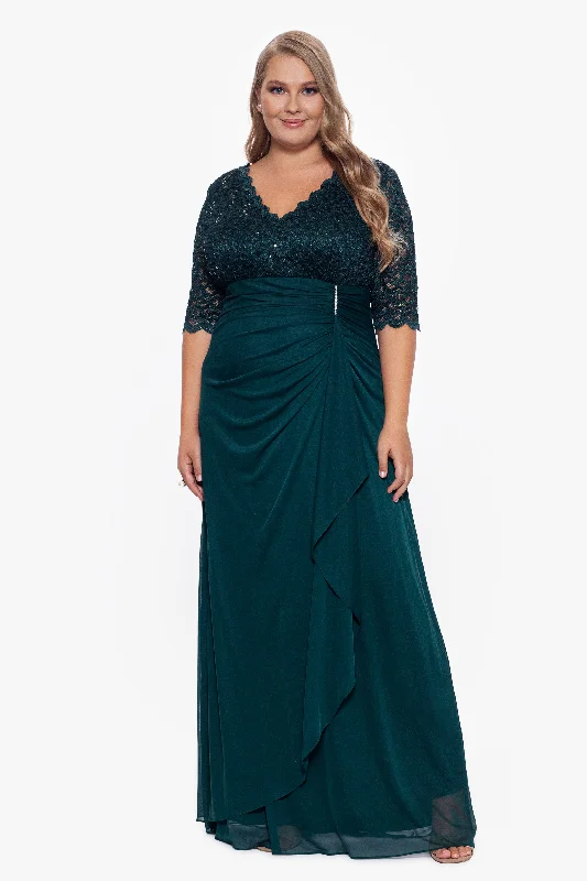 Savings Spectacular Plus "Johanna" 3/4 Sleeve Sheer Matte Jersey Long Dress