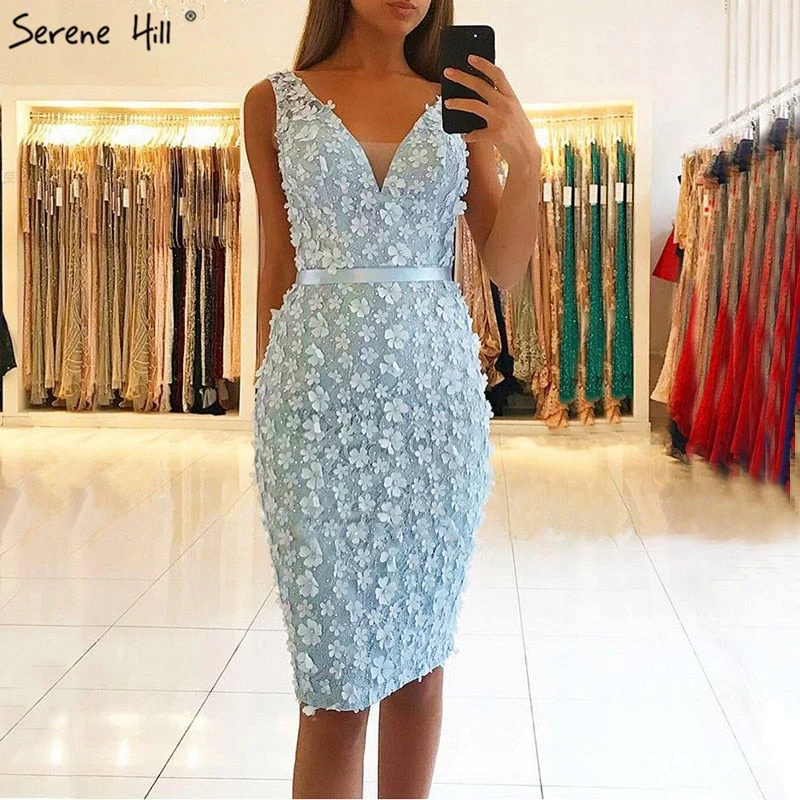 Unbeatable Prices Blue V-Neck Sleeveless Cocktail Dress Handmade Flowers Pearls Elegant Evening Gowns LA6664