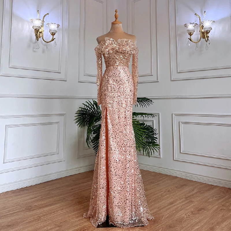 Members Only Serene Hill Rose Gold Mermaid Sexy Strapless High Split Evening Dresses Long Sleeves Wedding Party Gowns For Women 2024 LA71822