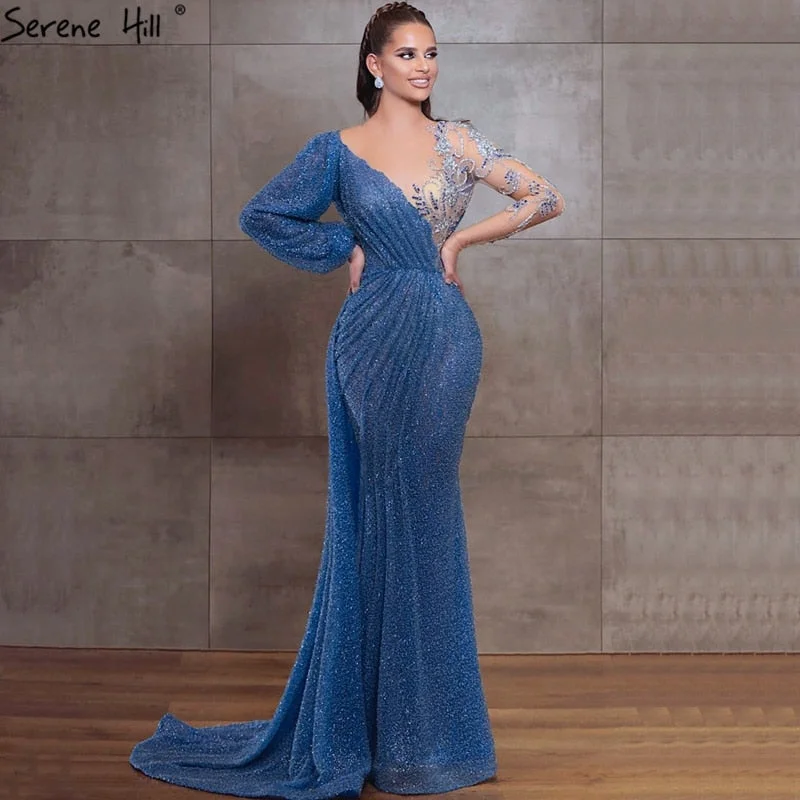 Bonus Savings Serene Hill Blue Mermaid O-Neck Evening Gowns 2024 Dubai Long Sleeves Beading Sparkle Formal Dress LA70759