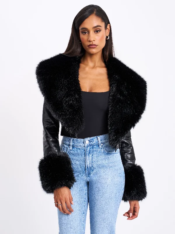 Price Rollback Ziah Cropped Leather Jacket with Fur Collar
