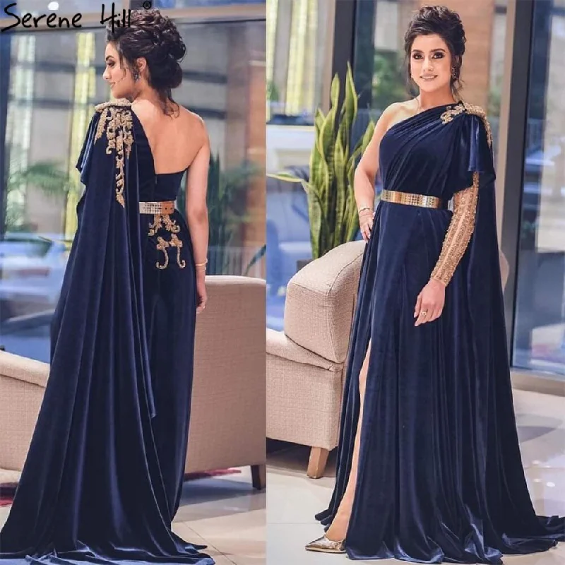 Shop and Save Serene Hill Navy Blue Velvet Split Sexy Evening Dresses Gowns 2024 Beaded One Shoulder For Woman Party LA71184