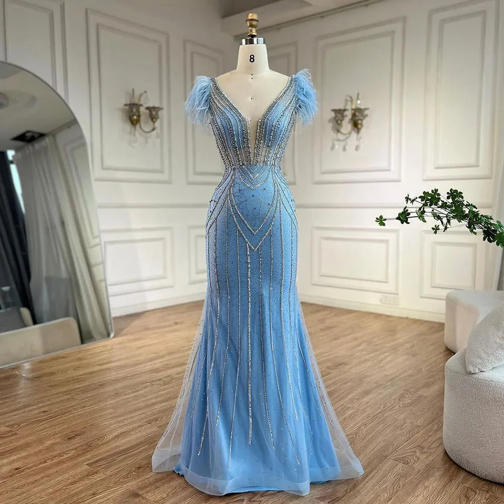 While Supplies Last Serene Hill Luxury Dubai Blue Strapless Mermaid Evening Dresses Gowns Pearls Feathers Beaded for Women Wedding Party LA72578 While Supplies Last Serene Hill Luxury Dubai Blue Strapless Mermaid Evening Dresses Gowns Pearls Feathers Beaded for Women Wedding Party LA72578
