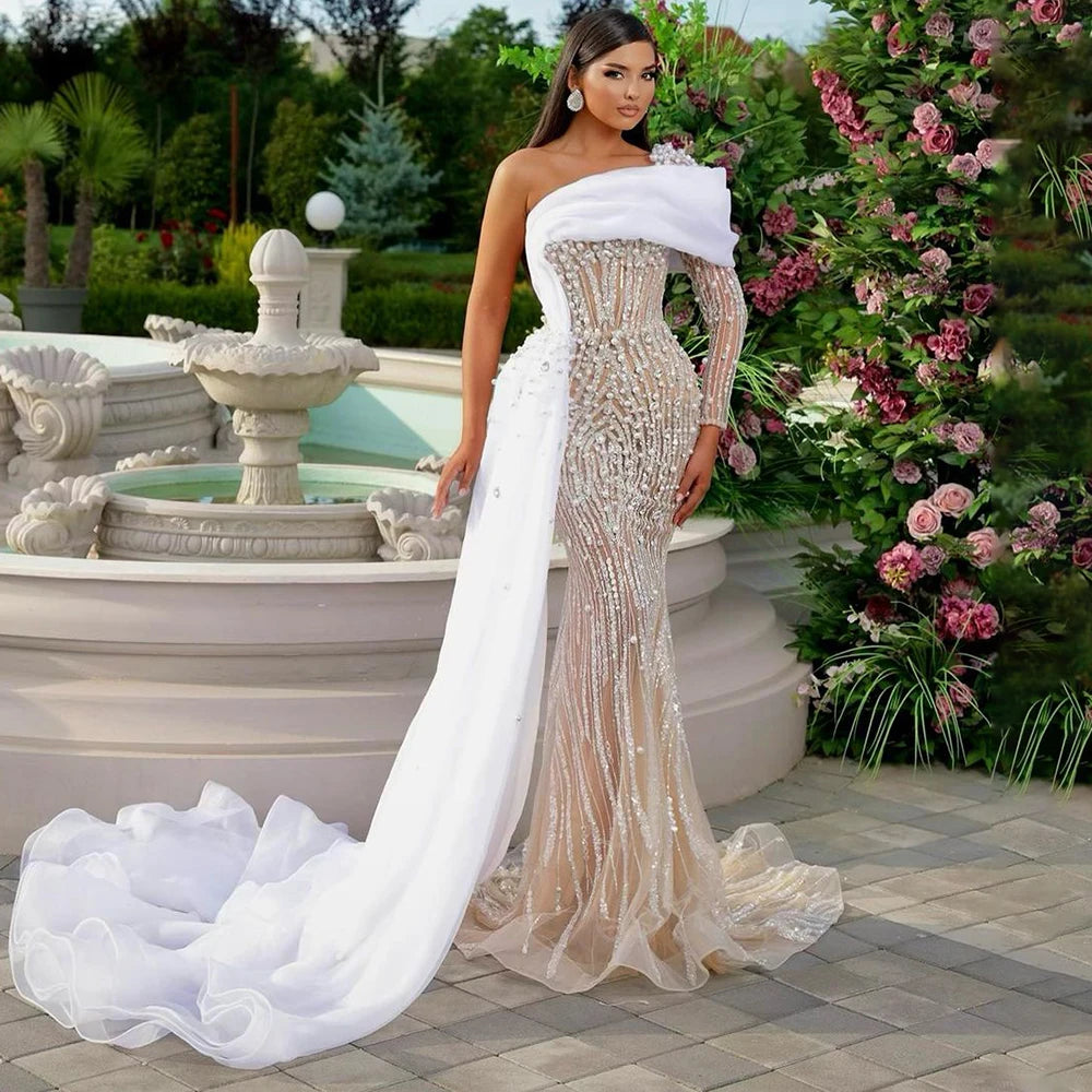 Hot Deal Serene Hill White Nude Elegant One Shoulder Evening Dresses Gowns Luxury Pearls Beaded for Women Wedding Party 2024 LA72493