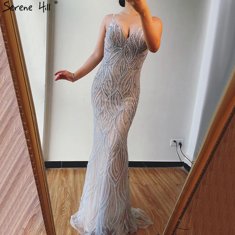New Arrival Serene Hill Nude White Mermaid Evening Dresses Gowns 2024 Spaghetti Strap Luxury Elegant For Women Party LA70214