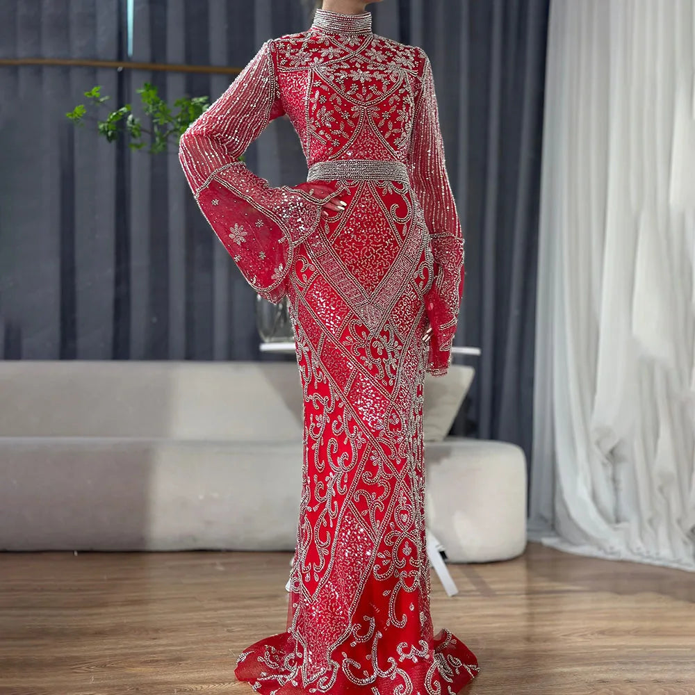 Deal Alert Serene Hill Customized Muslim Red Mermaid Black Evening Dress with Cape Sleeves and Beaded for Formal Occasion 2025 LA72316C