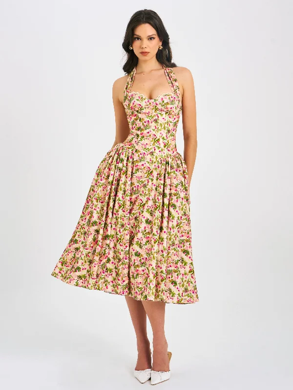 Price Reduction Niya Floral Print Linen Halter Corset Maxi Dress