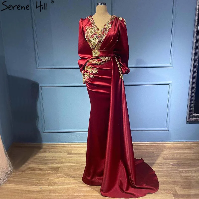 Price Rollback Serene Hill Muslim Wine Red Mermaid Elegant Evening Dresses Gowns 2024 Satin Beaded Luxury For Women Party LA71366