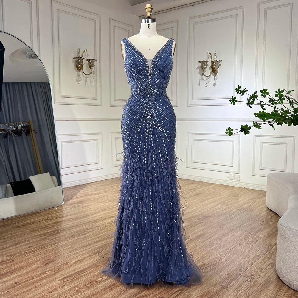 Savings Galore Serene Hill 2024 Blue Spaghetti Strap Luxury Dubai Evening Gowns with Feathers and Beading for Women Wedding Party LA72525 Savings Galore Serene Hill 2024 Blue Spaghetti Strap Luxury Dubai Evening Gowns with Feathers and Beading for Women Wedding Party LA72525