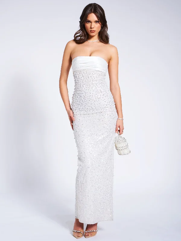 Final Sale Lainey White Satin Sequin Pearls Beaded Maxi Dress