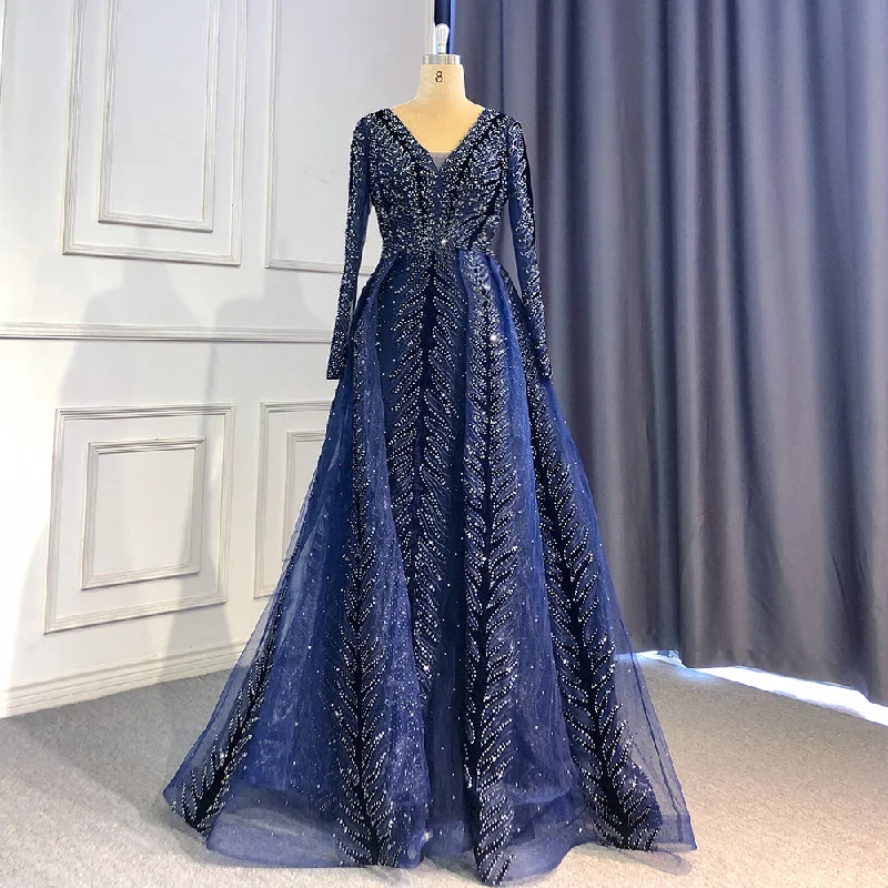 Price Smash Serene Hill Navy Blue Velvet Muslim Mermaid Elegant Evening Dresses Beaded Long Sleeves With Skirt Not Removable 2024 LA71691 Price Smash Serene Hill Navy Blue Velvet Muslim Mermaid Elegant Evening Dresses Beaded Long Sleeves With Skirt Not Removable 2024 LA71691