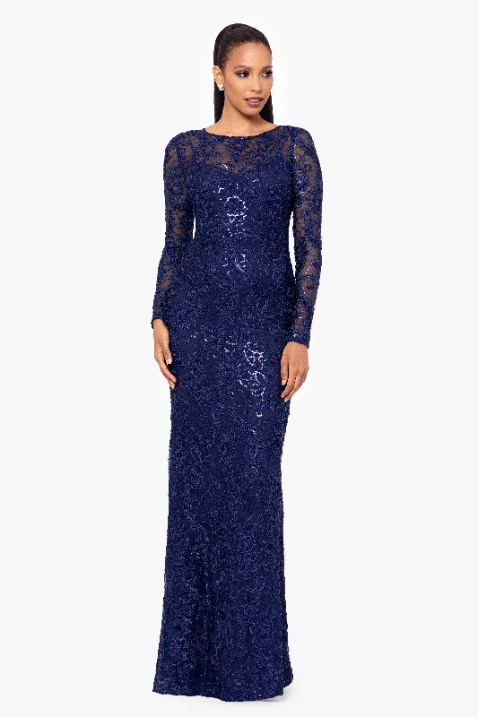 Fantastic Deals "Cecelia" Long Sleeve Sequin Soutache Lace Floor Length Dress
