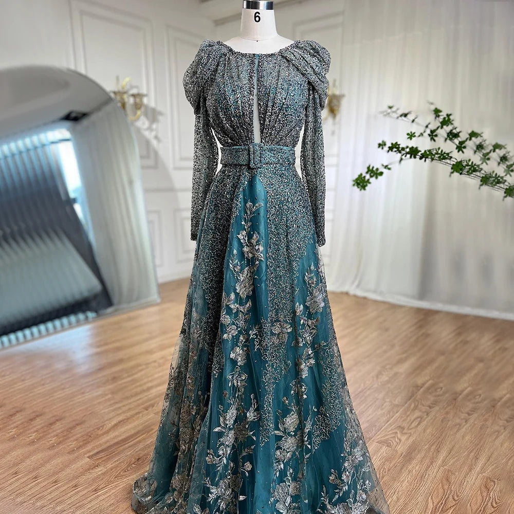 Low Prices Serene Hill Dubai Blue Muslim Lace Beaded Evening Dresses Gowns 2024 A-Line Luxury Long Sleeves For Women Wedding Party LA71628 Low Prices Serene Hill Dubai Blue Muslim Lace Beaded Evening Dresses Gowns 2024 A-Line Luxury Long Sleeves For Women Wedding Party LA71628