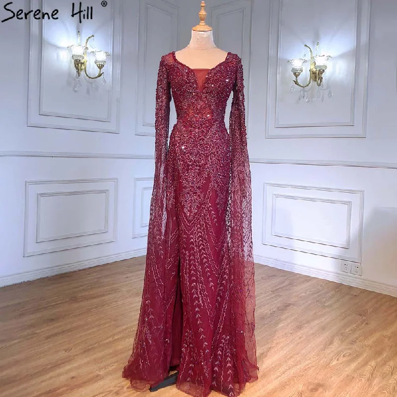 Price Reduction Serene Hill Wine Red Luxury Cape Sleeve Evening Dresses Gowns 2024 Beaded Mermaid Elegant Up For Women Party LA71383