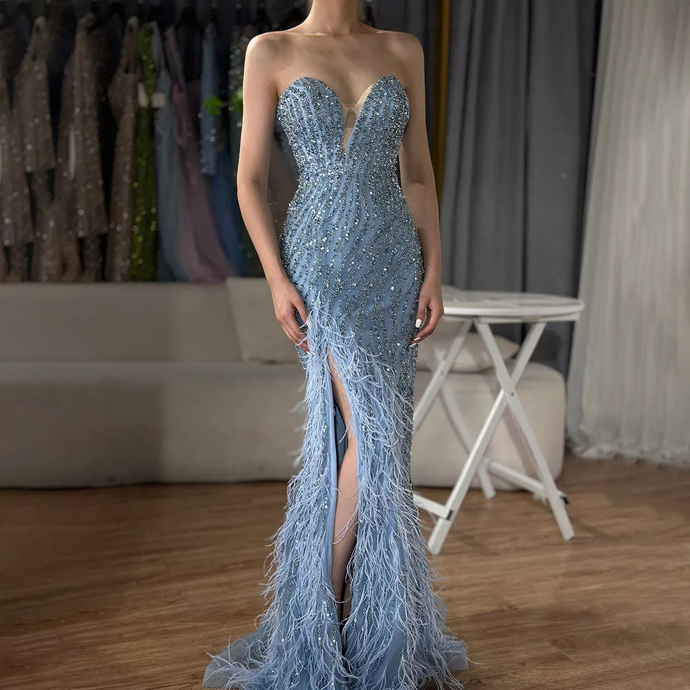 Epic Deals Serene Hill 2024 Arabic Strapless Blue Beaded Feathers Luxury Dubai Evening Gowns with Side Skirt for Women Wedding party LA72695 Epic Deals Serene Hill 2024 Arabic Strapless Blue Beaded Feathers Luxury Dubai Evening Gowns with Side Skirt for Women Wedding party LA72695