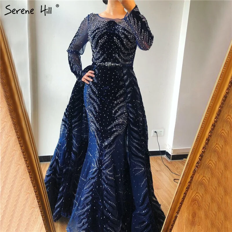 Great Deals Muslim Luxury Navy Blue Evening Dresses 2024 Long Sleeves  Mermaid Dress With Skirt Sexy Formal Dress Serene Hill LA60914
