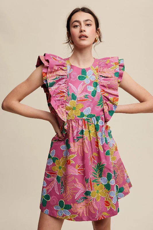 Overstock Pink Ruffle Sleeve Floral Babydoll Dress