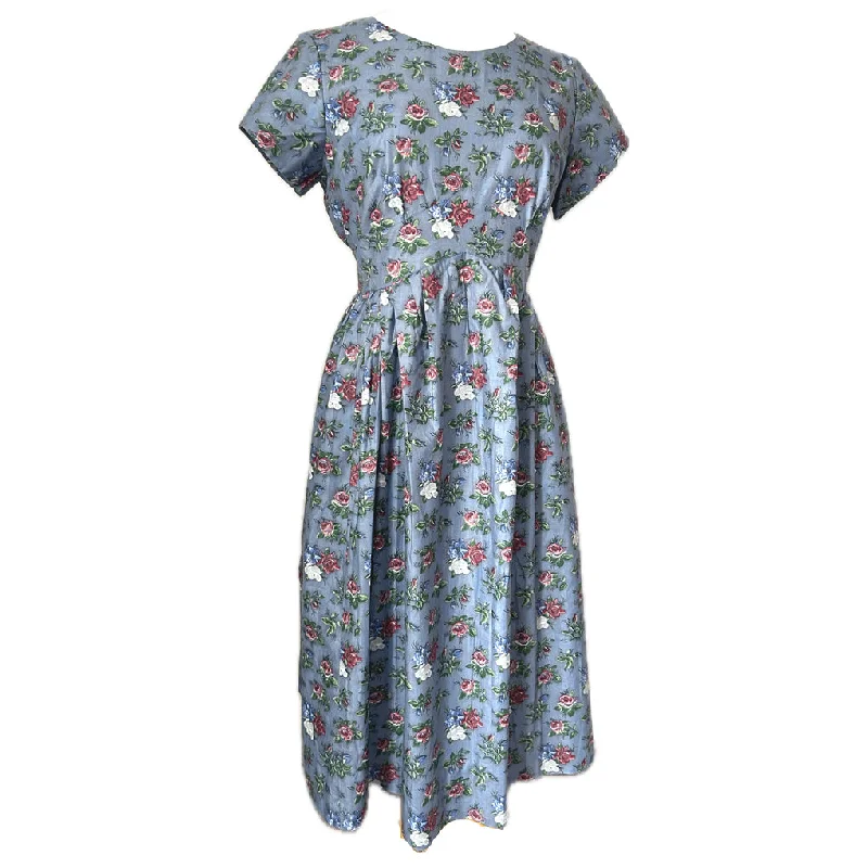 Closeout Steel blue rose print cotton vintage 1950s day dress