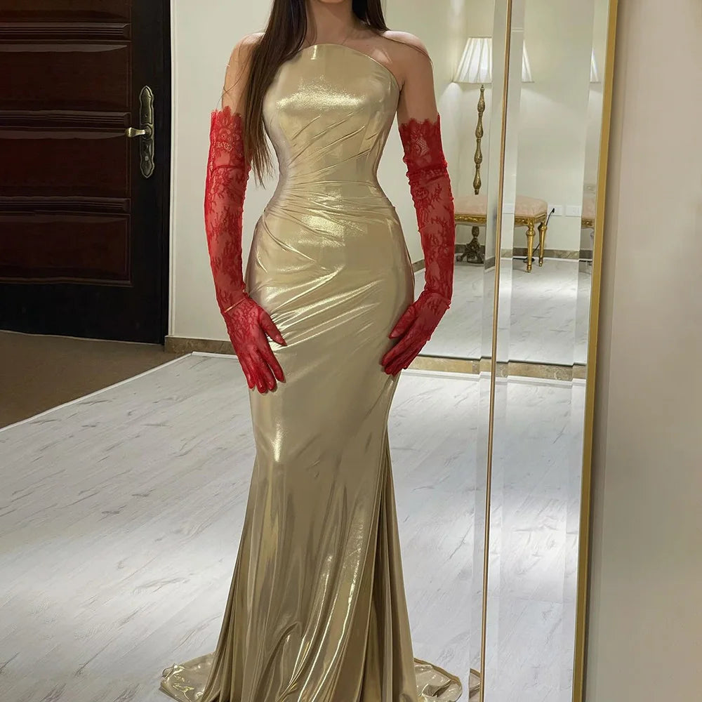 Act Now Serene Hill 2024 Arabic Elegant Gold Strapless Mermaid Luxury Dubai Evening Gown for Women's Party LA72670