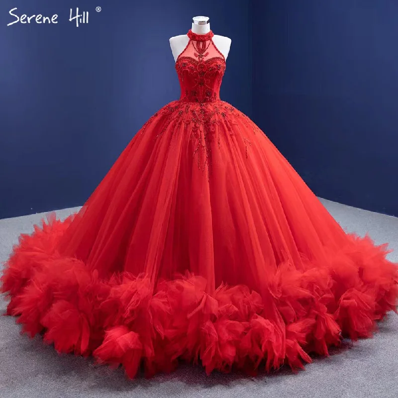 Value Deals Serene Hill Red Ruffles Beaded Luxury Wedding Dresses 2024 Sleeveless Lace Up Sexy Bride Gowns HM67324 Custom Made