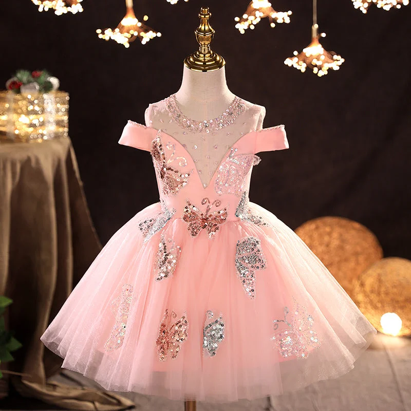 Special Buy Baby Girl First Communion Dress Girl Pink Sequin Butterfly Mesh Fluffy Princess Party Dress
