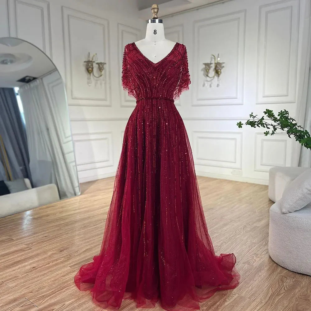 Major Savings Serene Hill Luxury Dubai Red A-Line Elegant Evening Dresses Half Sleeves BeadedFor Woman Wedding Party 2024 LA70458