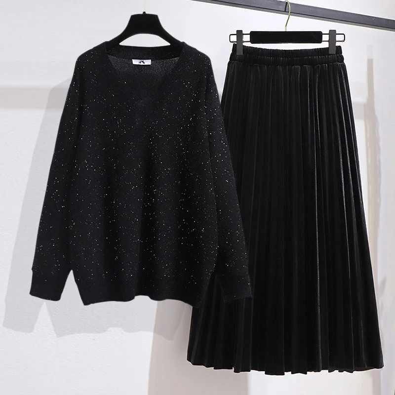 Special Savings Women's Loose V-neck Sweater and Velvet Skirt Outfit Set Pieces