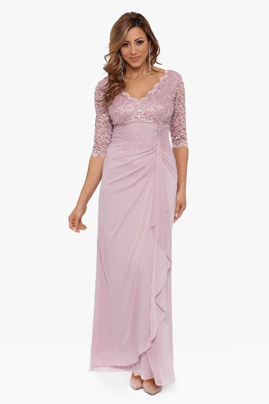 Savings Alert "Johanna" 3/4 Sleeve Sheer Matte Jersey Long Dress