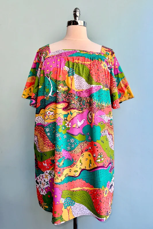 Year-End Clearance Emerald Landscape Woven Square Neck Dress by Blue Platypus