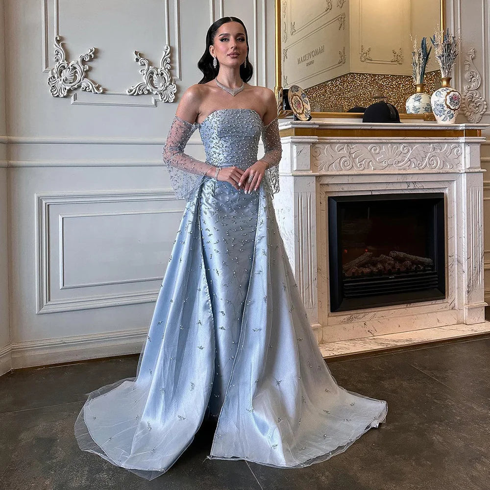 Don't Wait Serene Hill 2024 Arabic Strapless Blue Beaded Pearls Luxury Dubai Evening Gowns with Side Skirt for Women Wedding party LA72705 Don't Wait Serene Hill 2024 Arabic Strapless Blue Beaded Pearls Luxury Dubai Evening Gowns with Side Skirt for Women Wedding party LA72705