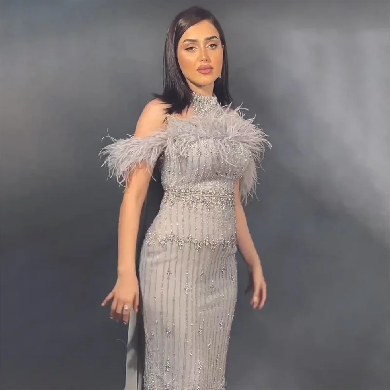 Can't Miss Serene Hill Gray Beaded Arabic Midi Ankle Length Evening Dresses With Cape Feather Gowns 2024 For Women Wedding Party LA72060 Can't Miss Serene Hill Gray Beaded Arabic Midi Ankle Length Evening Dresses With Cape Feather Gowns 2024 For Women Wedding Party LA72060