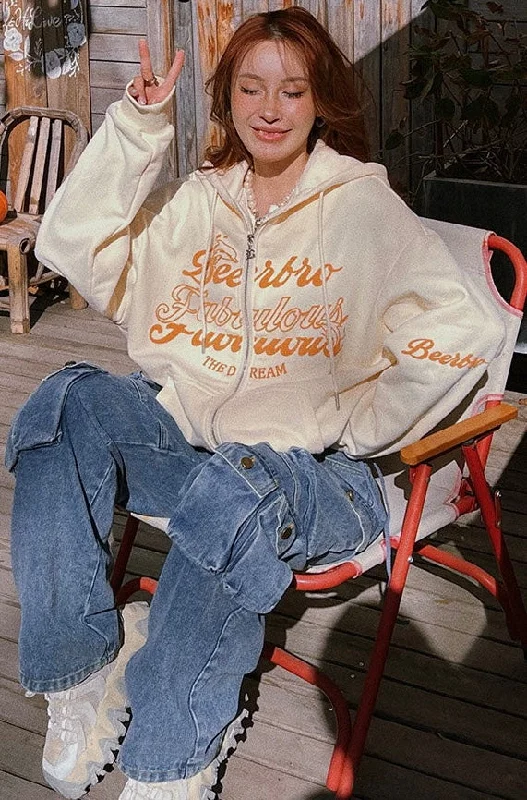 Price Smash Fabulous Graphic Letter Embroidery Long Sleeve Zip Up Hoodie